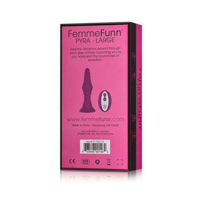 Femme Funn PYRA Large vibrating plug packaging in fuchsia with product image and remote control illustration.
