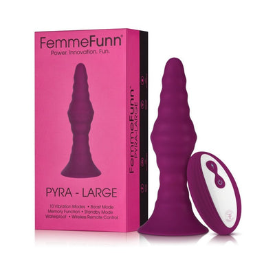 Fuchsia large ribbed vibrating plug with wireless remote and pink Femme Funn Pyra packaging box.
