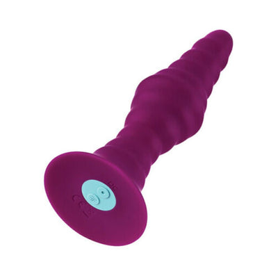 Large fuchsia ribbed vibrating plug with flared base and control button detail