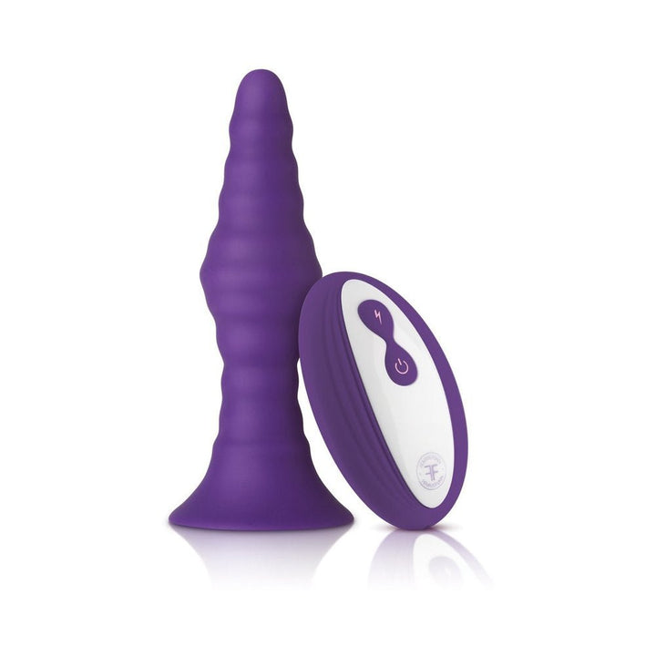 Small dark purple textured silicone vibrator with matching wireless remote control on white background