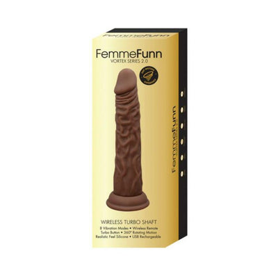 Packaging of Femme Funn Wireless Turbo Shaft in brown with product features and realistic design shown on box.