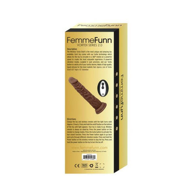 Packaging box of Femme Funn Wireless Turbo Shaft in brown with product image and usage instructions on a gold background.