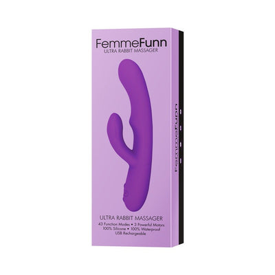 Purple Femme Funn Ultra Rabbit massager with dual stimulation, displayed on its lavender packaging box.