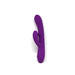 Purple silicone dual-stimulation vibrator with curved shaft and smaller external arm, featuring control buttons at the base.