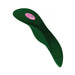 Slim, curved dark green panty vibrator with textured surface and pink control button on top.