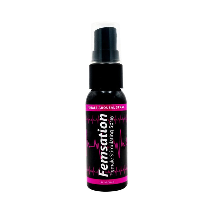 Femsation Female Stimulating Spray 1 oz black bottle with pink and white label and clear cap on white background