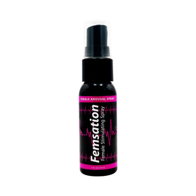 Femsation Female Stimulating Spray 1 oz black bottle with pink and white label and clear cap on white background