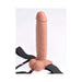 Tan hollow 10-inch rechargeable strap-on with adjustable black elastic harness and remote control.