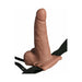 Tan 6-inch hollow rechargeable strap-on with realistic texture and adjustable black harness straps.