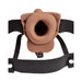 Tan 6-inch hollow strap-on with adjustable black elastic harness and secure metal fasteners.
