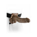 Brown 7-inch hollow strap-on dildo with balls attached to adjustable black elastic harness.