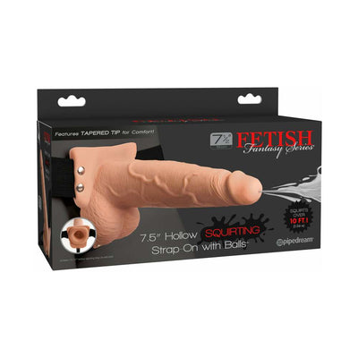 Packaging of Fetish Fantasy 7.5-inch hollow squirting strap-on with balls, showing realistic design and adjustable black harness.