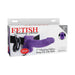 Purple 7-inch vibrating hollow strap-on with adjustable black elastic harness and hands-free remote control in product packaging.