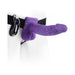 Purple hollow strap-on with adjustable black elastic harness and attached remote control on white mannequin.