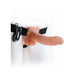 Adjustable flesh-tone hollow strap-on with realistic texture and attached multi-speed vibrator on black waistband.
