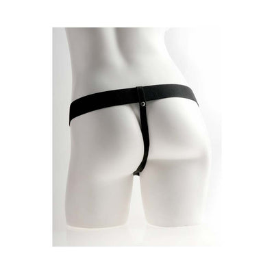 Back view of a mannequin wearing a black adjustable elastic strap harness for a strap-on.