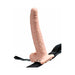 Flesh-colored 9-inch hollow strap-on dildo with realistic texture and attached adjustable black harness strap.