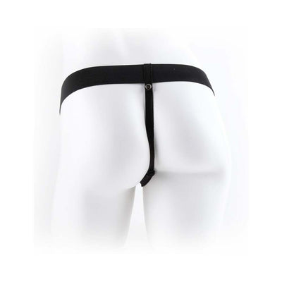 Back view of black adjustable elastic harness strap on worn on mannequin hips.
