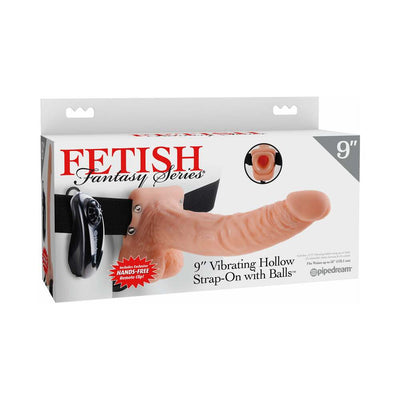 Packaging box of Fetish Fantasy Series 9-inch brown vibrating hollow strap-on with balls and hands-free remote clip.