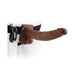 Brown 9-inch realistic vibrating hollow strap-on with balls and adjustable black waistband harness with remote control.