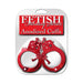 Red anodized metal handcuffs in branded Fetish Fantasy Series packaging with two keys attached.