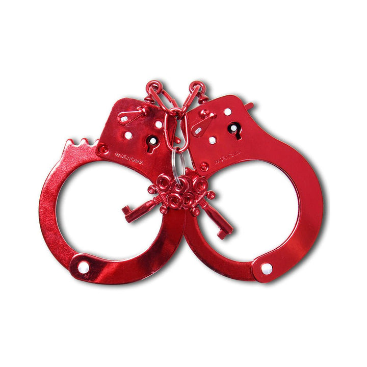 Red anodized metal handcuffs with two keys attached, designed for secure and safe restraint play.