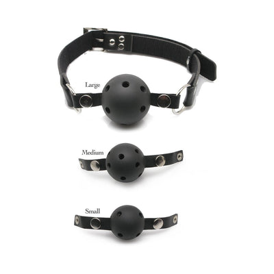 Set of three black ball gags in small, medium, and large sizes with adjustable leather straps and ventilation holes.