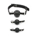 Set of three black ball gags in small, medium, and large sizes with adjustable leather straps and ventilation holes.