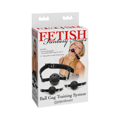 Packaging of Fetish Fantasy Series Ball Gag Training System with three breathable ball gags and adjustable leather strap.