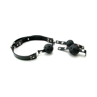 Set of three black ball gags with adjustable leather straps and breathable holes for beginner to advanced training.