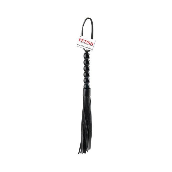 Black beaded handle cat o' nine tails whip with multiple leather tails and wrist loop.