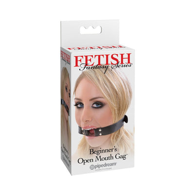 Packaging of Fetish Fantasy Series Beginners Open Mouth Gag featuring a model wearing the black adjustable o-ring gag.