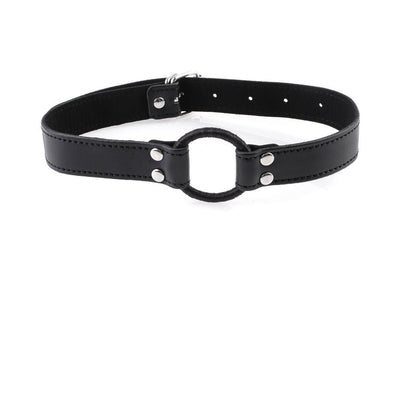 Black adjustable beginner open mouth gag with soft vinyl-wrapped metal ring and buckle strap.