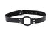 Black adjustable beginner open mouth gag with soft vinyl-wrapped metal ring and buckle strap.