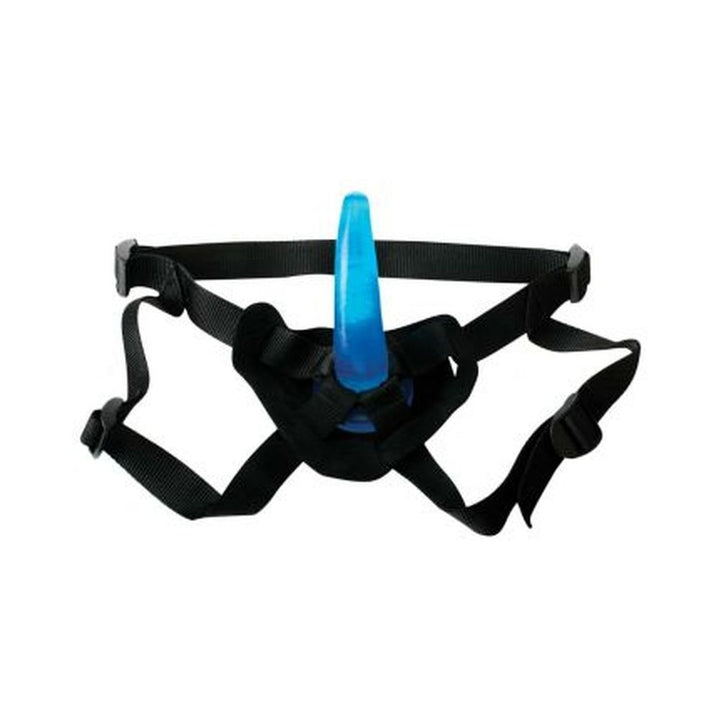 Blue slim beginner strap-on with adjustable black nylon harness straps on white background.