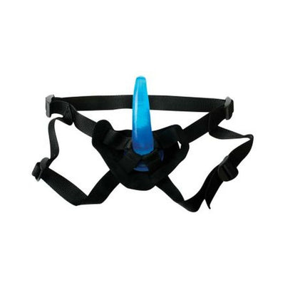 Blue slim beginner strap-on with adjustable black nylon harness straps on white background.