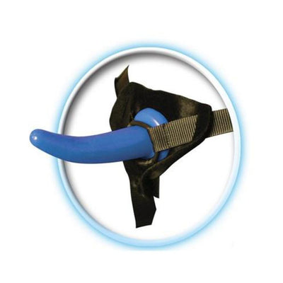 Blue curved beginner strap-on with adjustable black nylon harness for him.