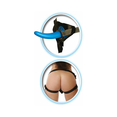 Blue curved beginner strap-on with adjustable black nylon harness shown on model from the back.