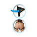 Blue curved beginner strap-on with adjustable black nylon harness shown on model from the back.