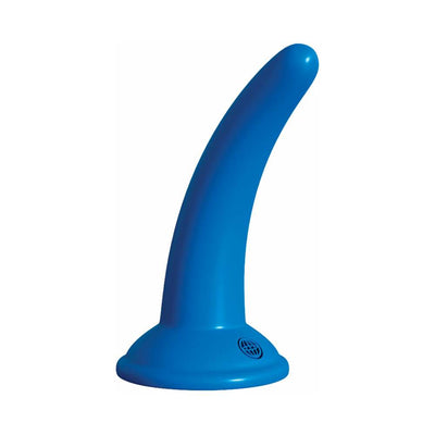 Blue curved beginner strap-on dildo with a wide base designed for comfortable and secure wear.