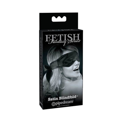 Black satin blindfold from Fetish Fantasy Series in sleek packaging featuring a woman wearing the mask.