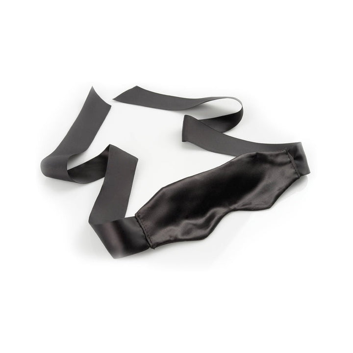 Black satin blindfold with long ribbon ties for adjustable, comfortable fit.