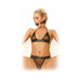 Woman wearing a black breathable ball gag with adjustable leather strap and matching studded mesh lingerie set.