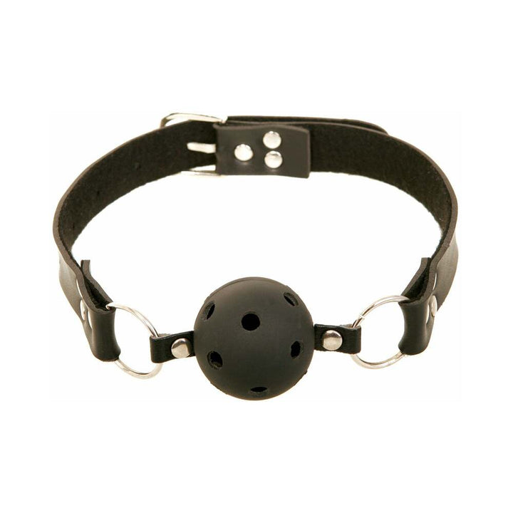 Black breathable ball gag with adjustable leather strap and metal buckle on white background.