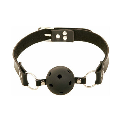 Black breathable ball gag with adjustable leather strap and metal buckle on white background.