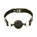 Black breathable ball gag with adjustable leather strap and metal buckle on white background.