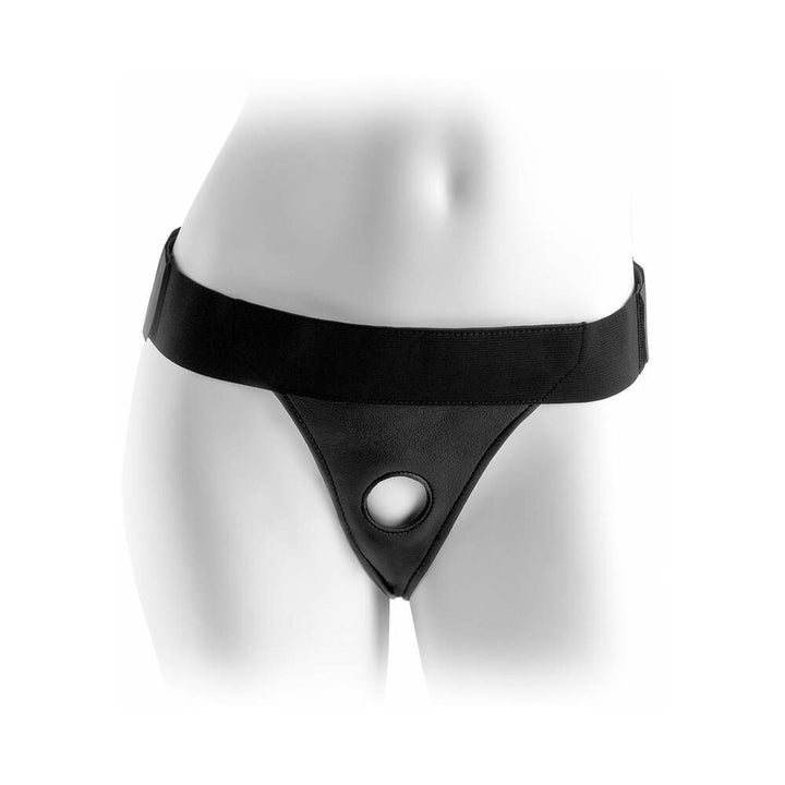 Black crotchless strap-on harness with adjustable waistband and central opening, displayed on a mannequin torso.