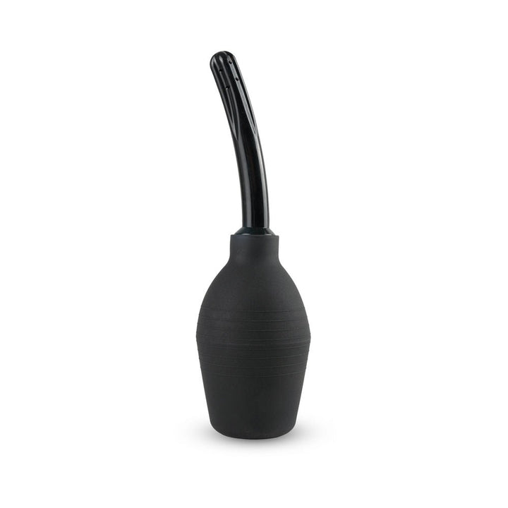 Black curved douche-enema with a soft squeeze bulb and angled nozzle for comfortable cleansing.