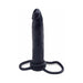 Black dual-ring strap-on dildo with realistic shaft and tapered tip on white background
