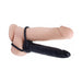 Dual-pleasure strap-on dildo with flesh and black shafts connected by two black rings for enhanced performance and comfort.